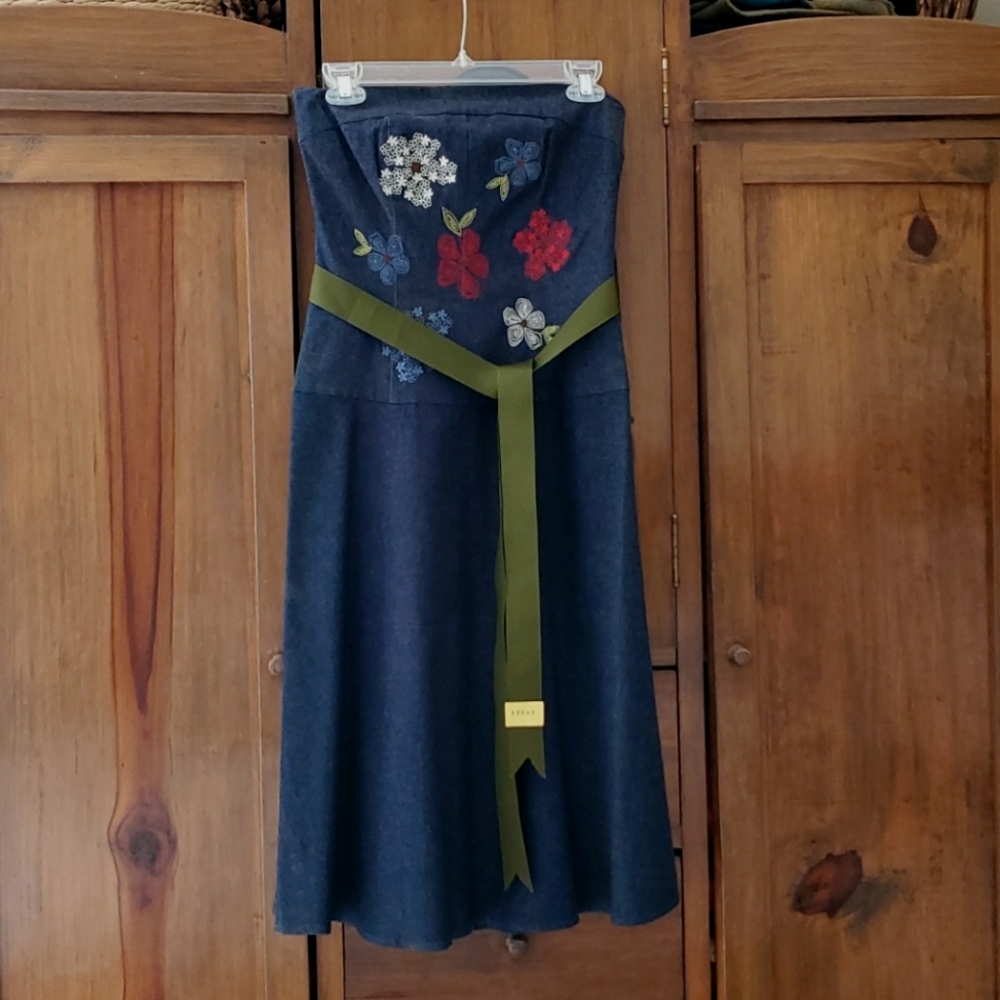 Vintage Embroidered Strapless Chambray Midi Dress